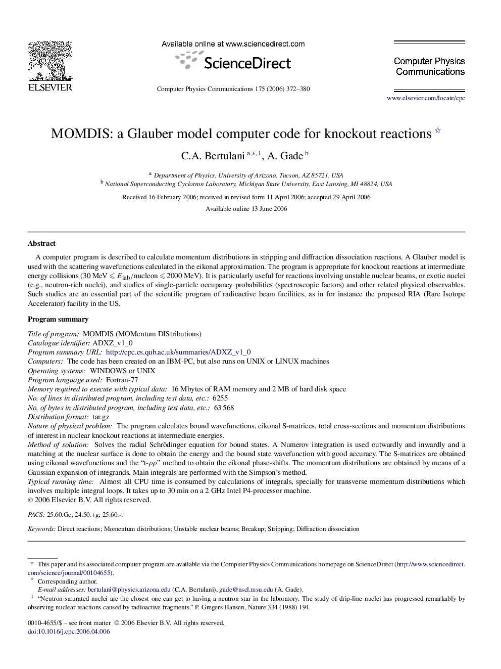 MOMDIS: a Glauber model computer code for knockout reactions 