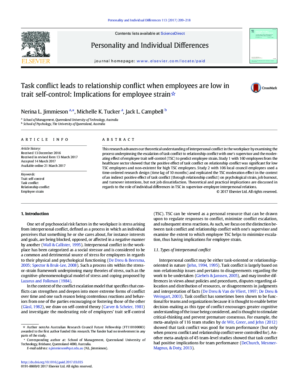 Task conflict leads to relationship conflict when employees are low in trait self-control: Implications for employee strain