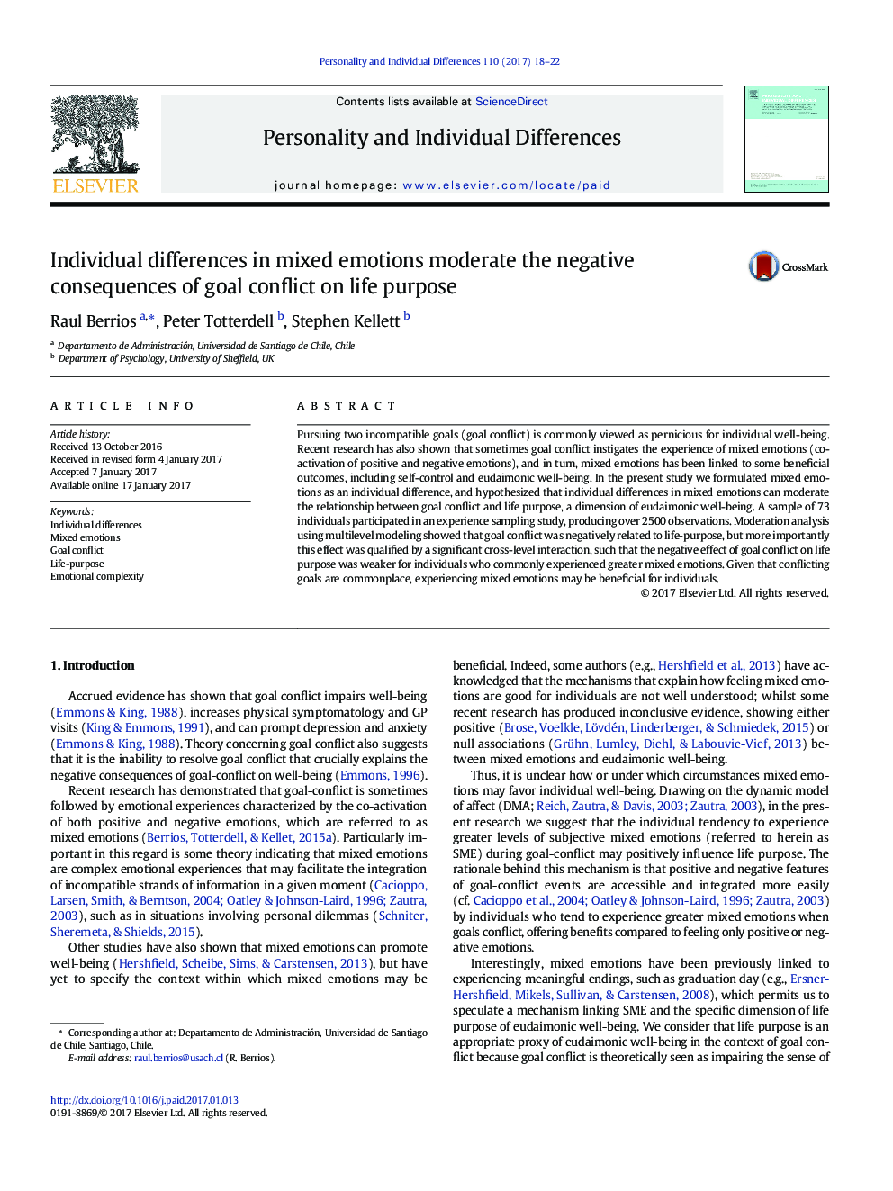 Individual differences in mixed emotions moderate the negative consequences of goal conflict on life purpose