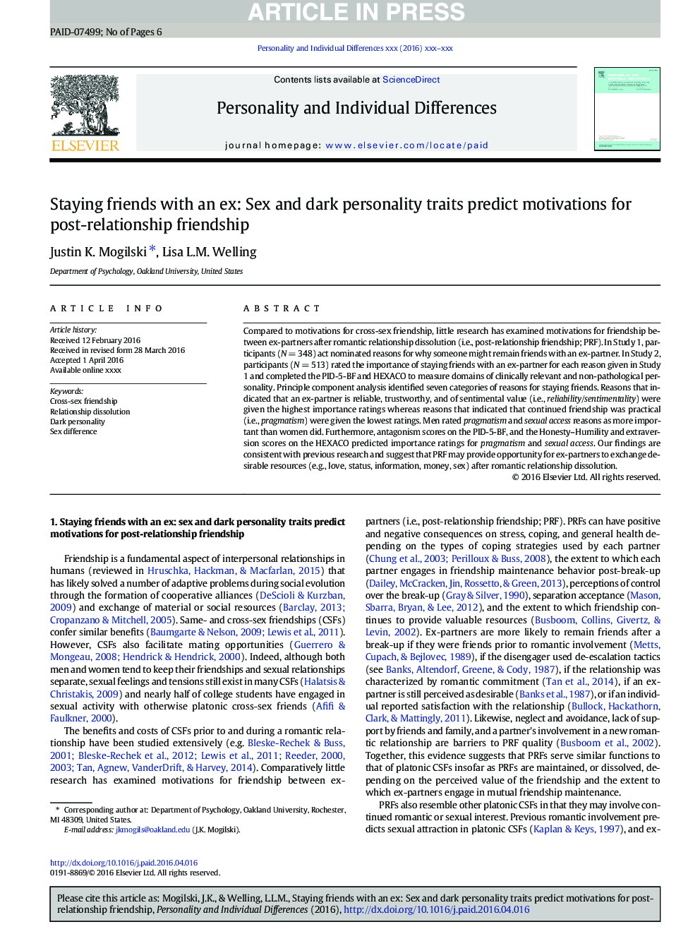 Staying friends with an ex: Sex and dark personality traits predict motivations for post-relationship friendship