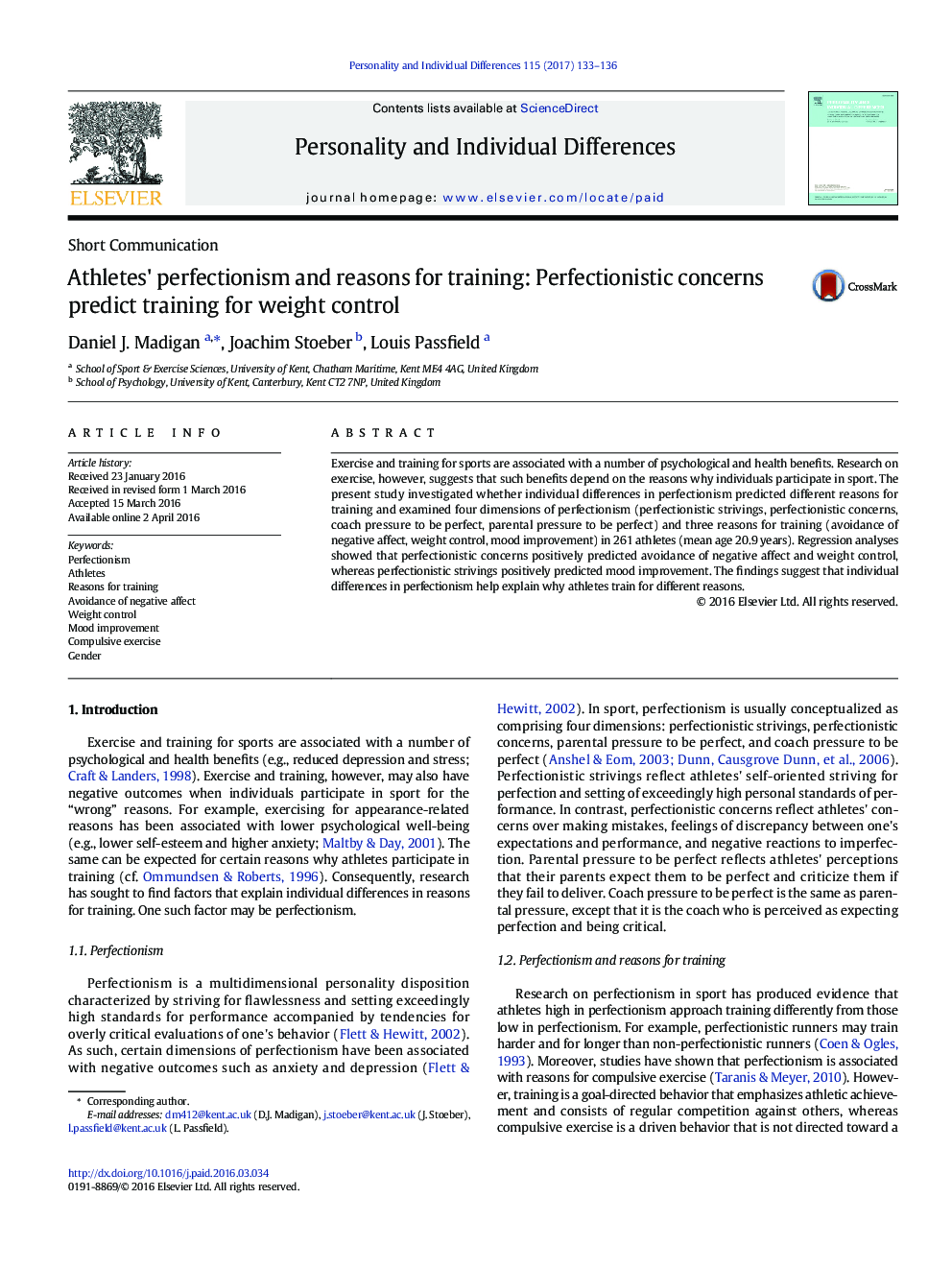 Athletes' perfectionism and reasons for training: Perfectionistic concerns predict training for weight control