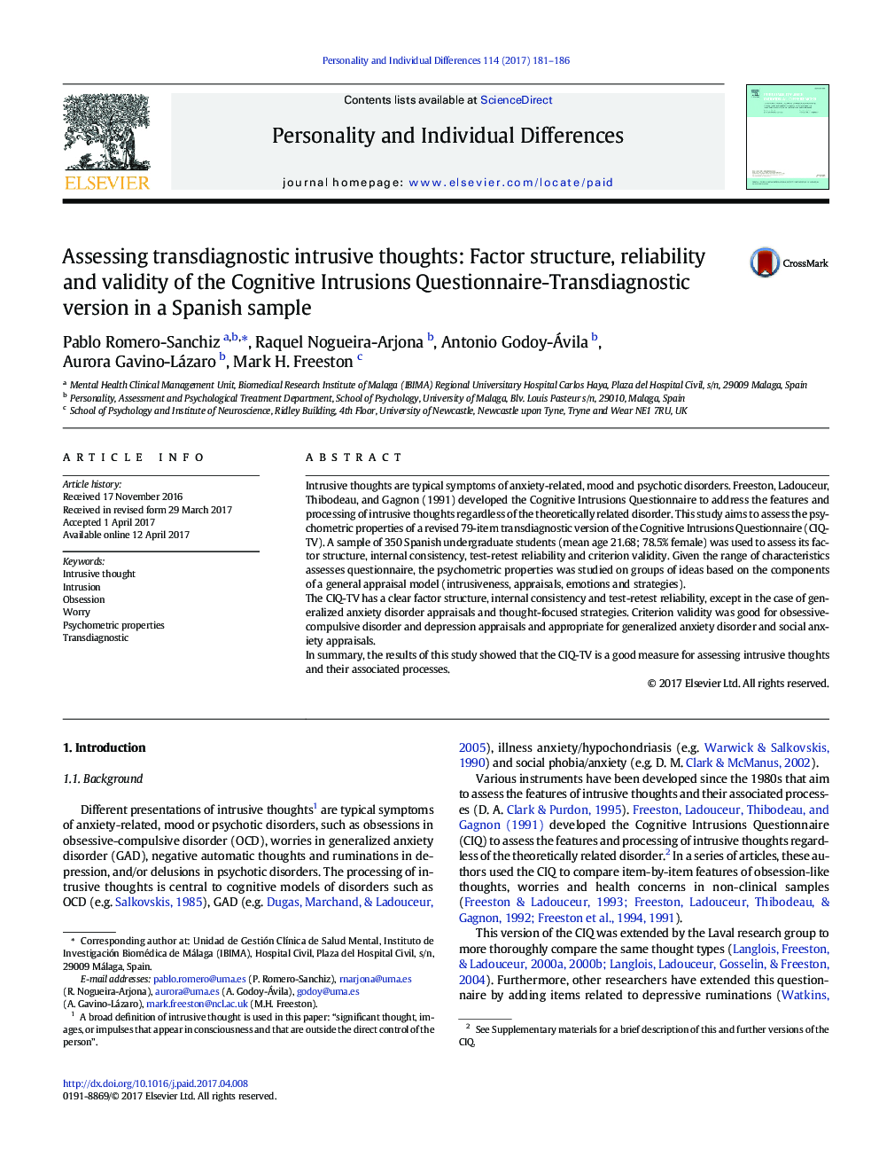 Assessing transdiagnostic intrusive thoughts: Factor structure, reliability and validity of the Cognitive Intrusions Questionnaire-Transdiagnostic version in a Spanish sample