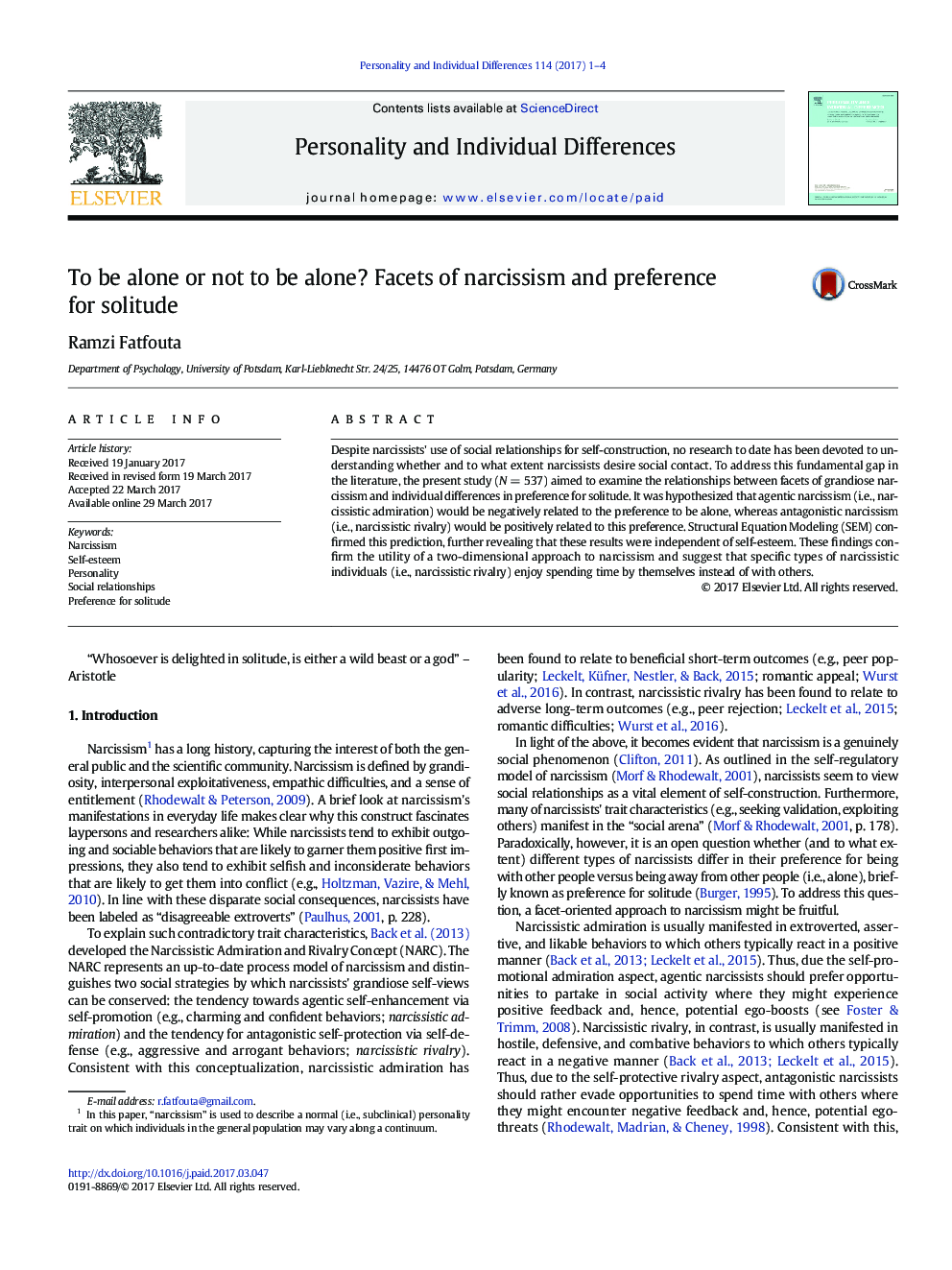 To be alone or not to be alone? Facets of narcissism and preference for solitude