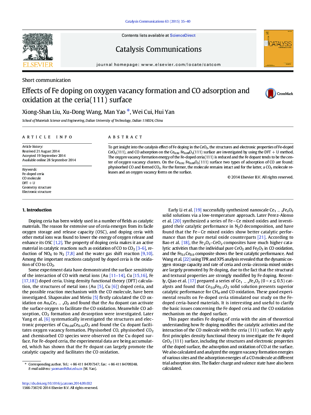 Effects of Fe doping on oxygen vacancy formation and CO adsorption and oxidation at the ceria(111) surface