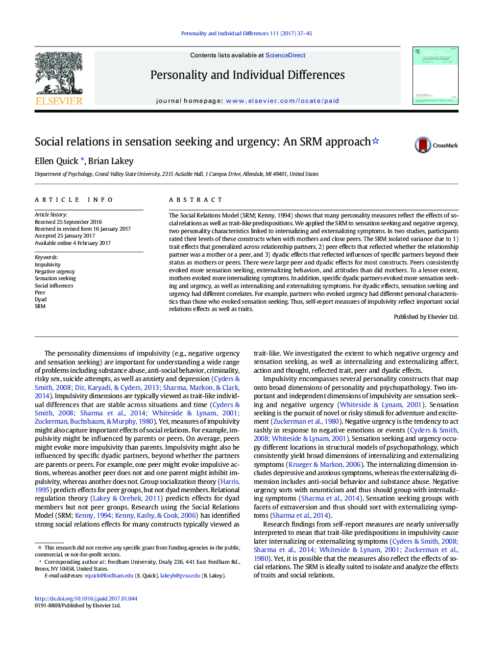 Social relations in sensation seeking and urgency: An SRM approach