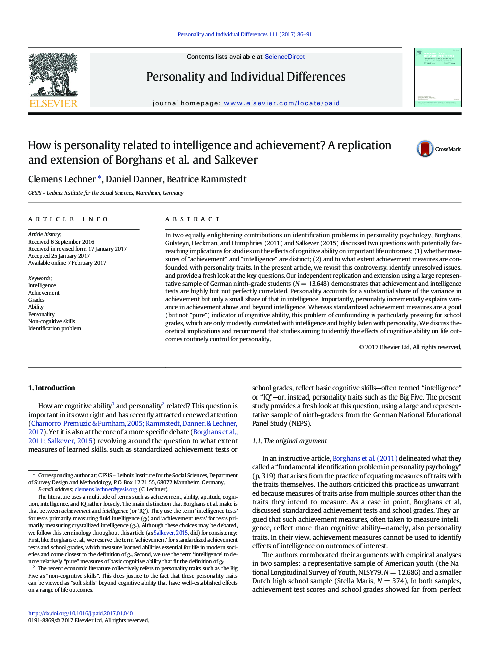 How is personality related to intelligence and achievement? A replication and extension of Borghans et al. and Salkever