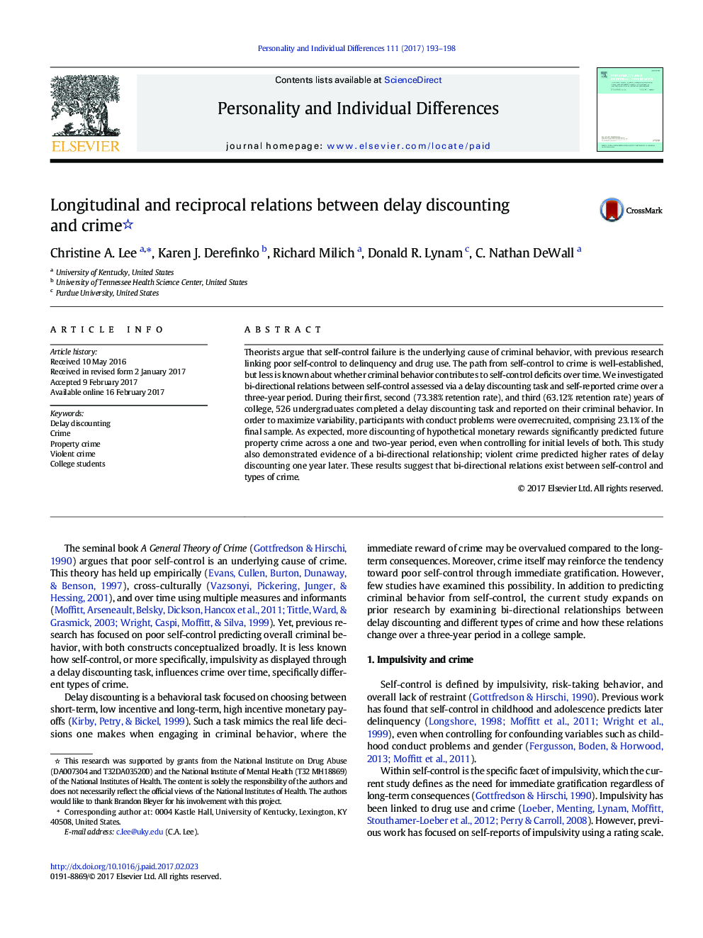 Longitudinal and reciprocal relations between delay discounting and crime