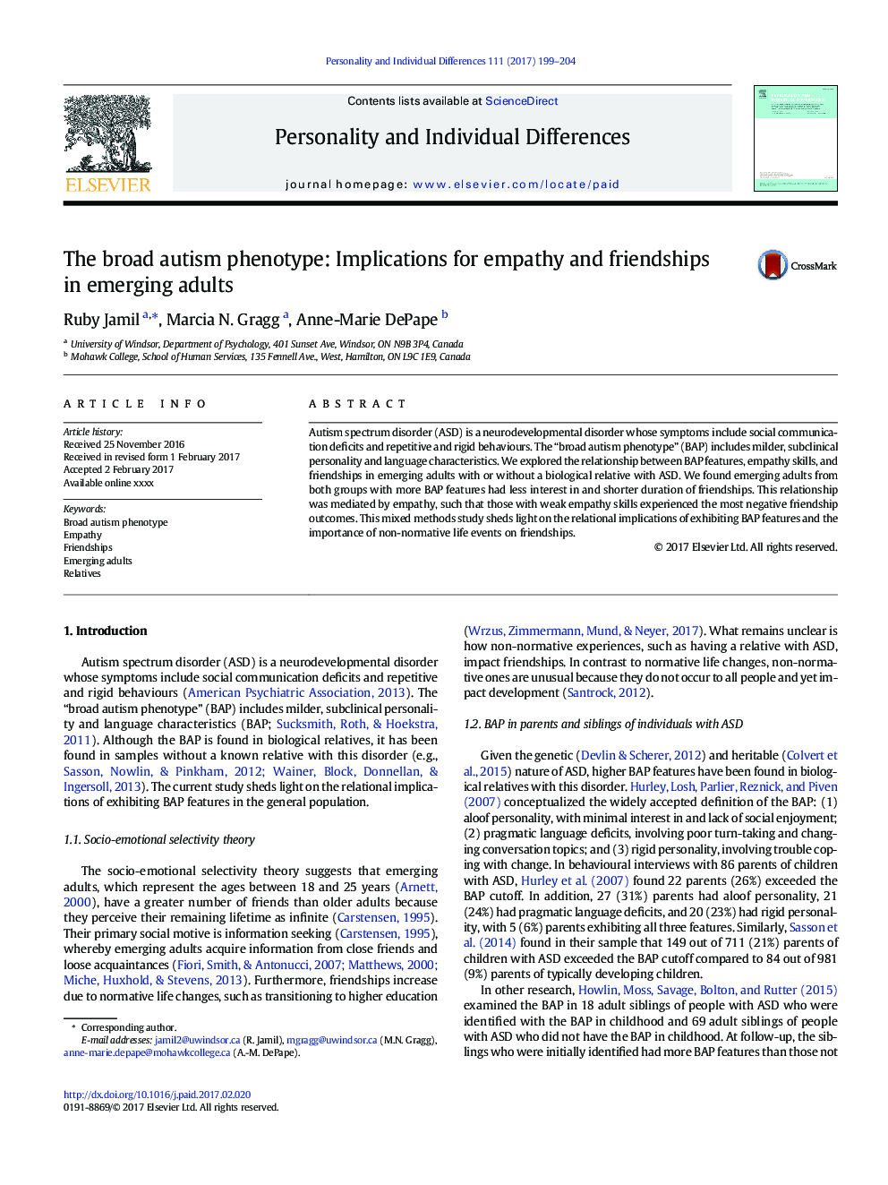 The broad autism phenotype: Implications for empathy and friendships in emerging adults