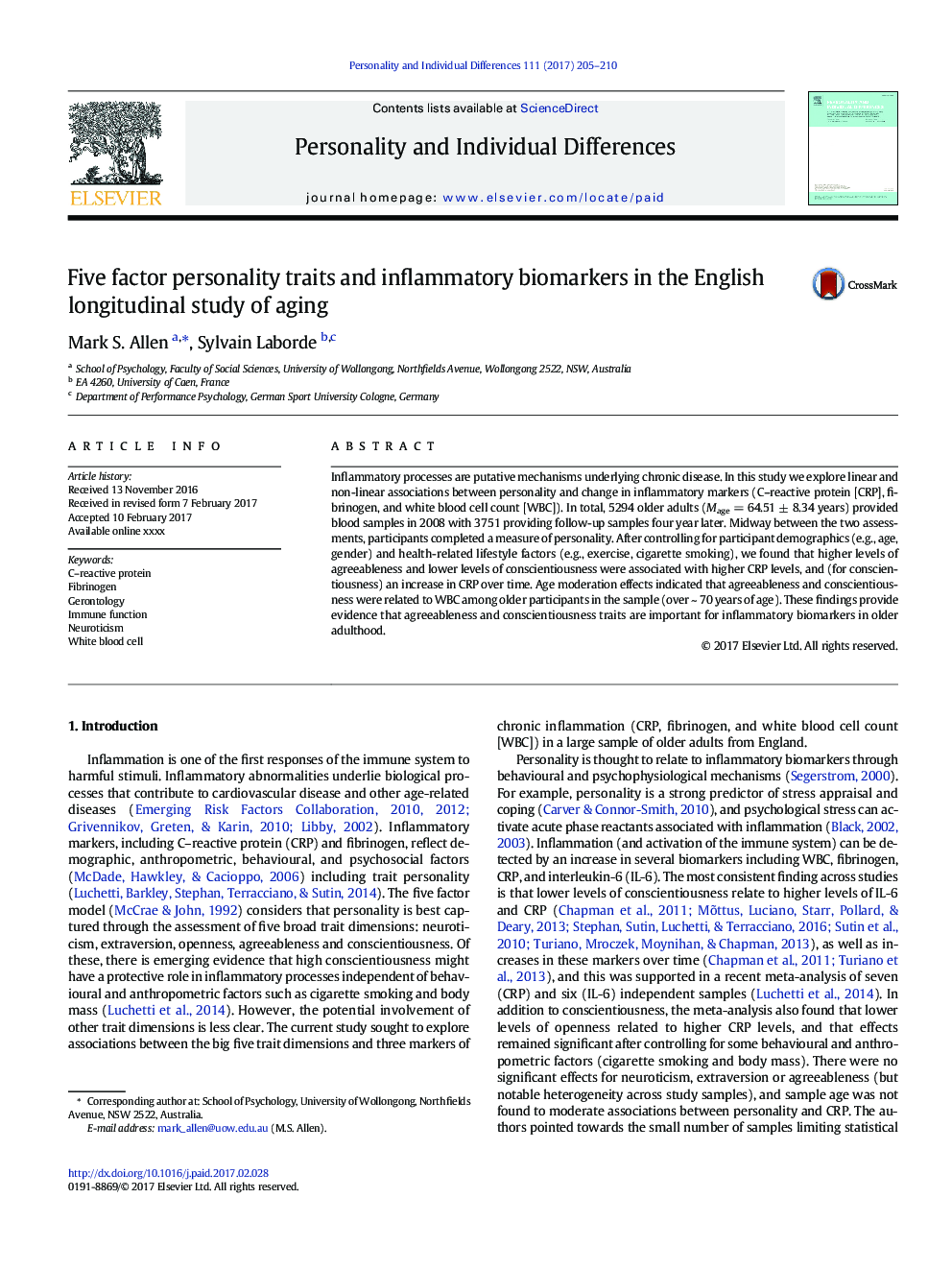 Five factor personality traits and inflammatory biomarkers in the English longitudinal study of aging