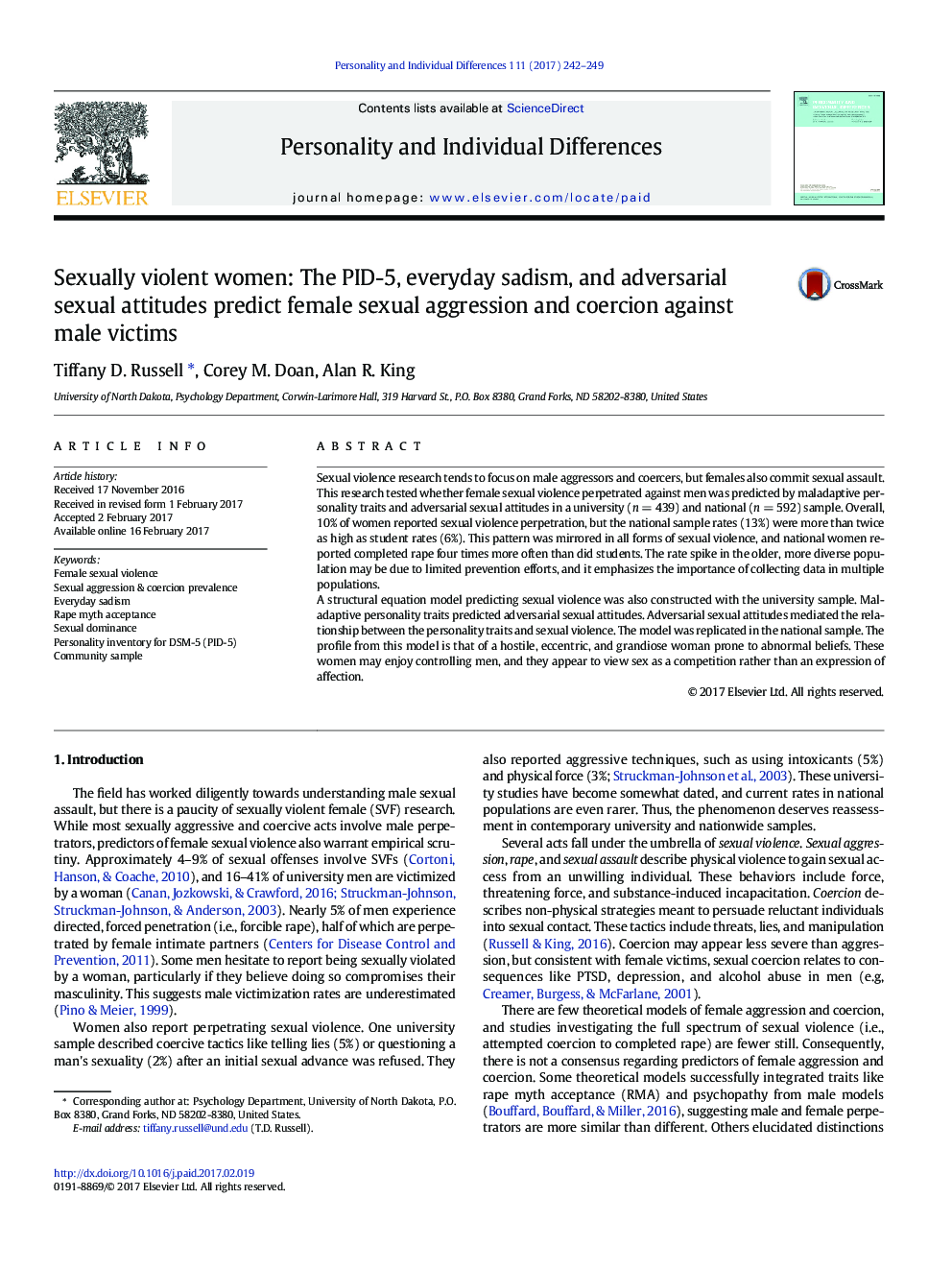 Sexually violent women: The PID-5, everyday sadism, and adversarial sexual attitudes predict female sexual aggression and coercion against male victims