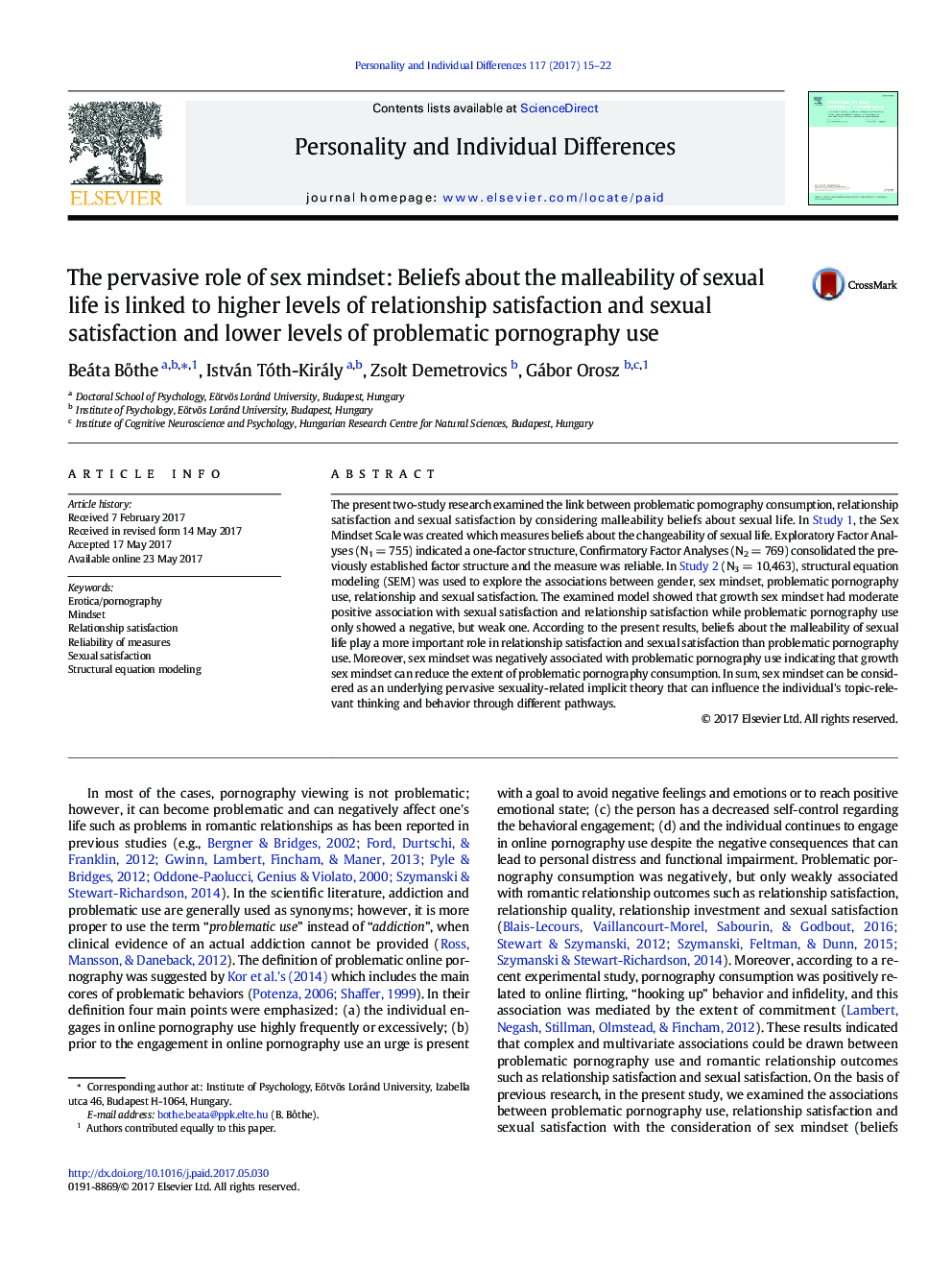 The pervasive role of sex mindset: Beliefs about the malleability of sexual life is linked to higher levels of relationship satisfaction and sexual satisfaction and lower levels of problematic pornography use