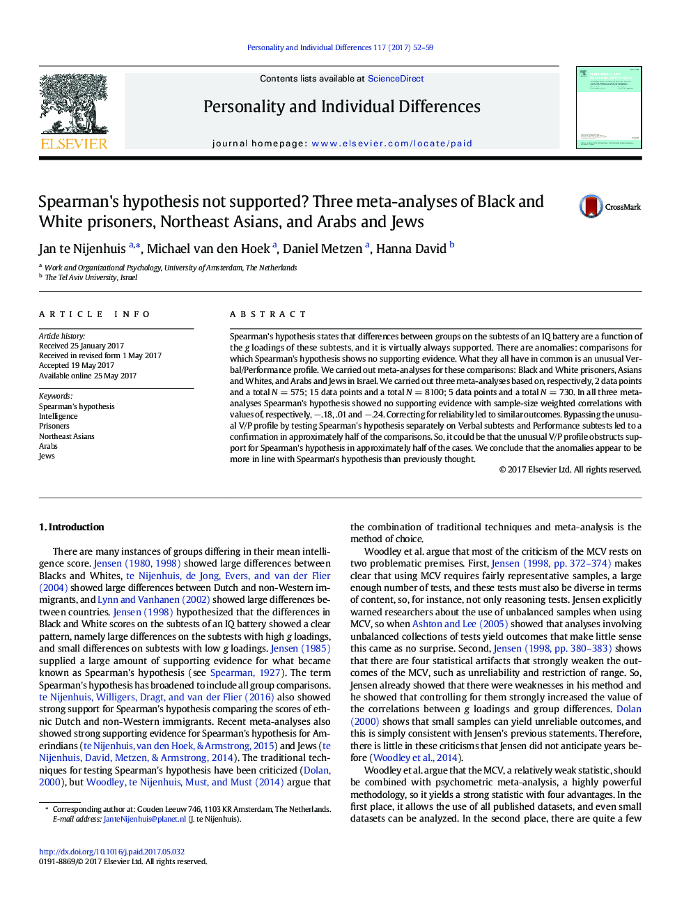 Spearman's hypothesis not supported? Three meta-analyses of Black and White prisoners, Northeast Asians, and Arabs and Jews