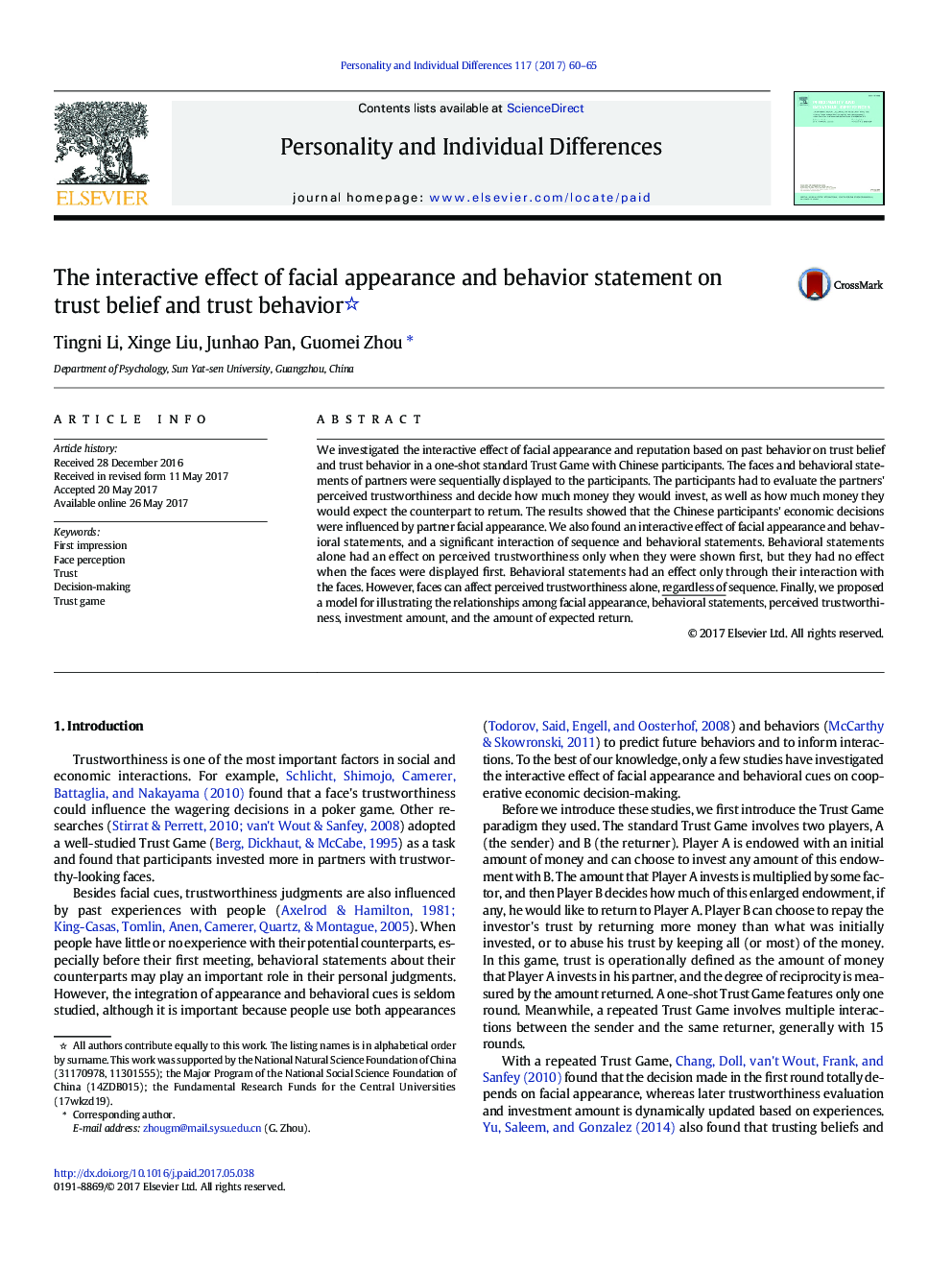 The interactive effect of facial appearance and behavior statement on trust belief and trust behavior