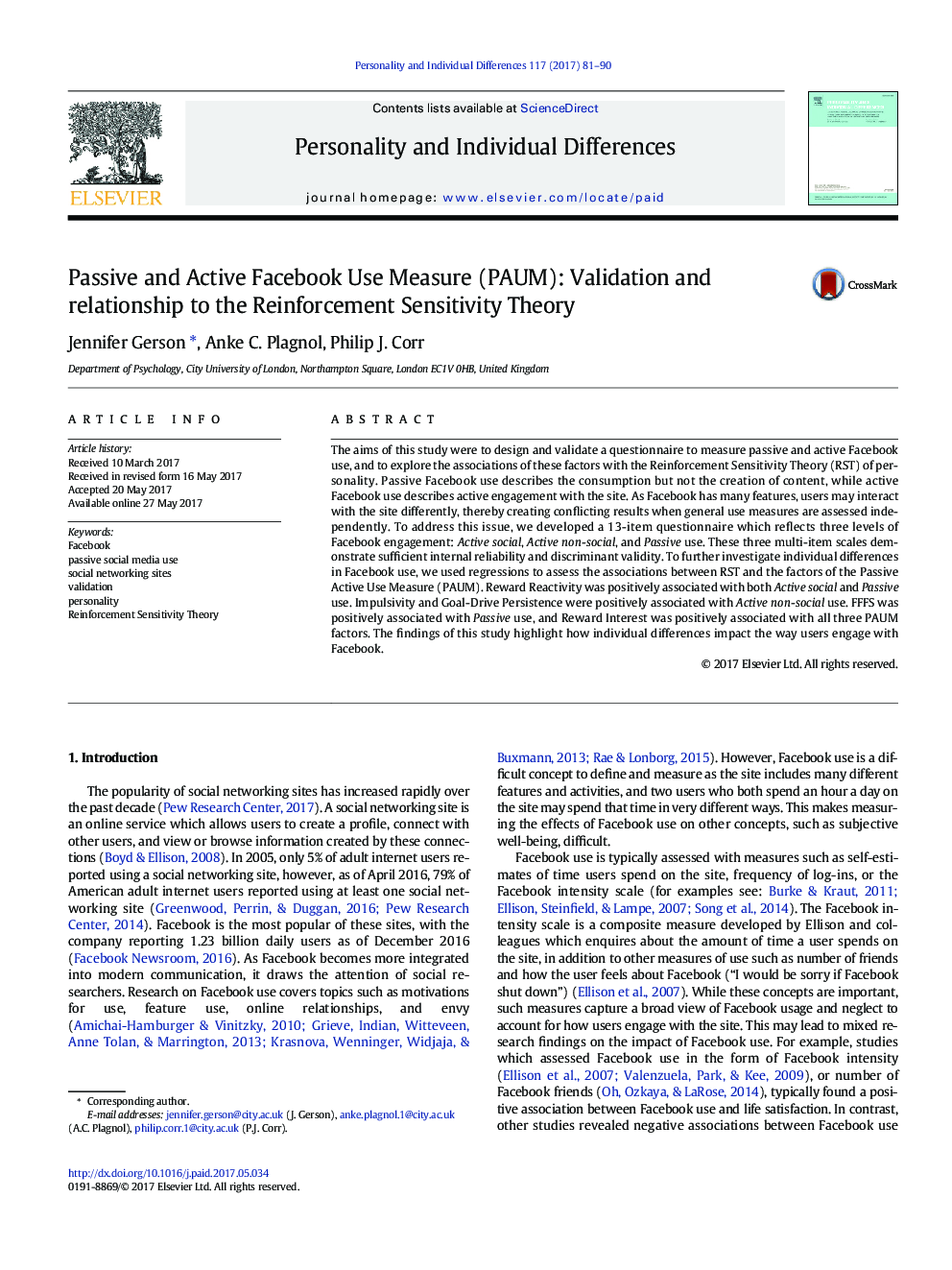 Passive and Active Facebook Use Measure (PAUM): Validation and relationship to the Reinforcement Sensitivity Theory