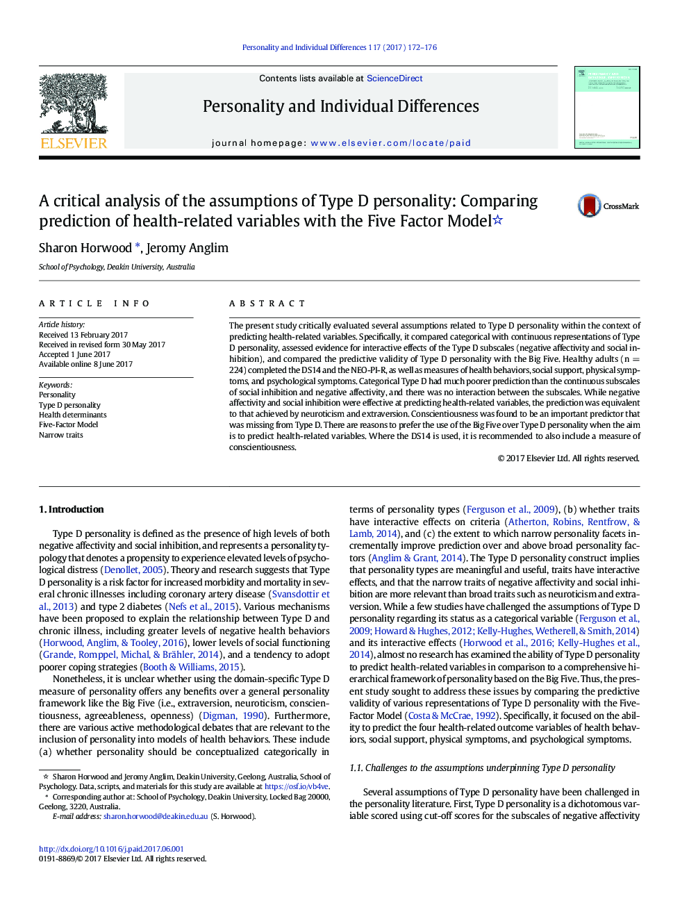 A critical analysis of the assumptions of Type D personality: Comparing prediction of health-related variables with the Five Factor Model