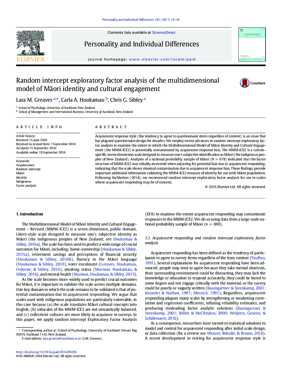 Random intercept exploratory factor analysis of the multidimensional model of MÄori identity and cultural engagement