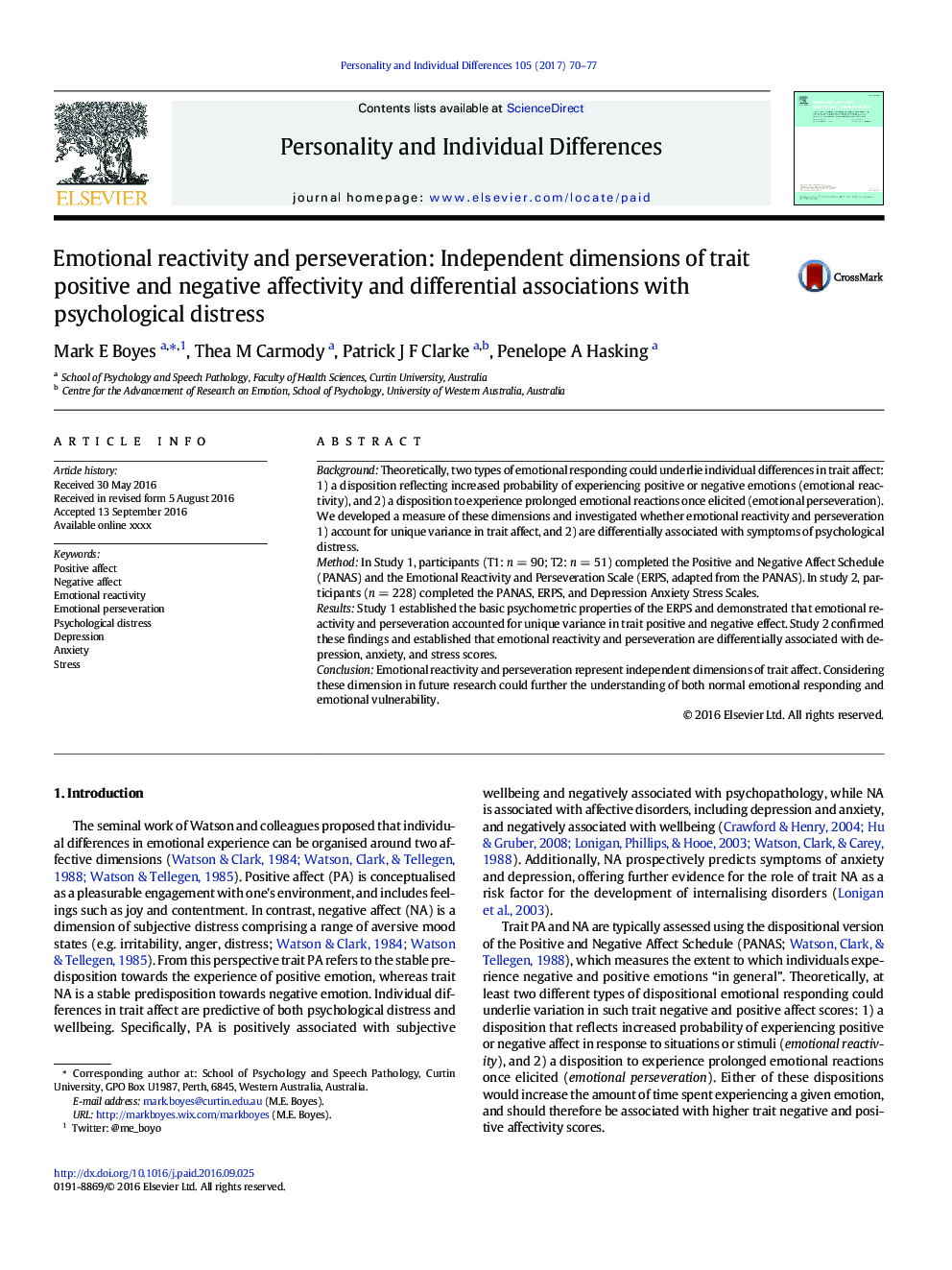 Emotional reactivity and perseveration: Independent dimensions of trait positive and negative affectivity and differential associations with psychological distress