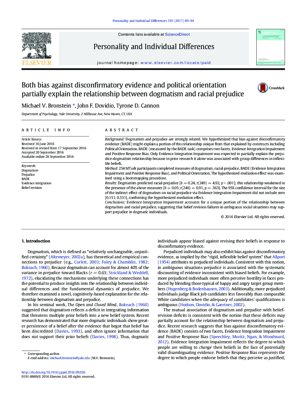 Both bias against disconfirmatory evidence and political orientation partially explain the relationship between dogmatism and racial prejudice