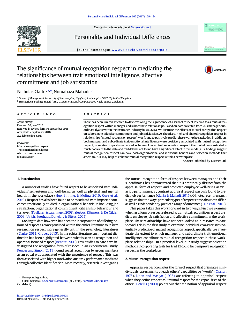 The significance of mutual recognition respect in mediating the relationships between trait emotional intelligence, affective commitment and job satisfaction