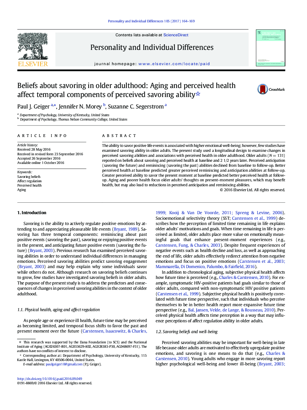 Beliefs about savoring in older adulthood: Aging and perceived health affect temporal components of perceived savoring ability