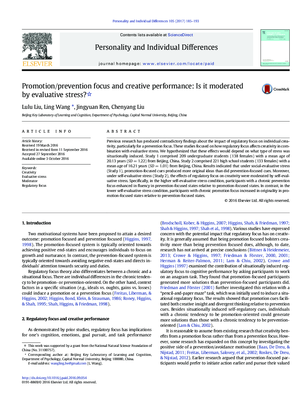 Promotion/prevention focus and creative performance: Is it moderated by evaluative stress?
