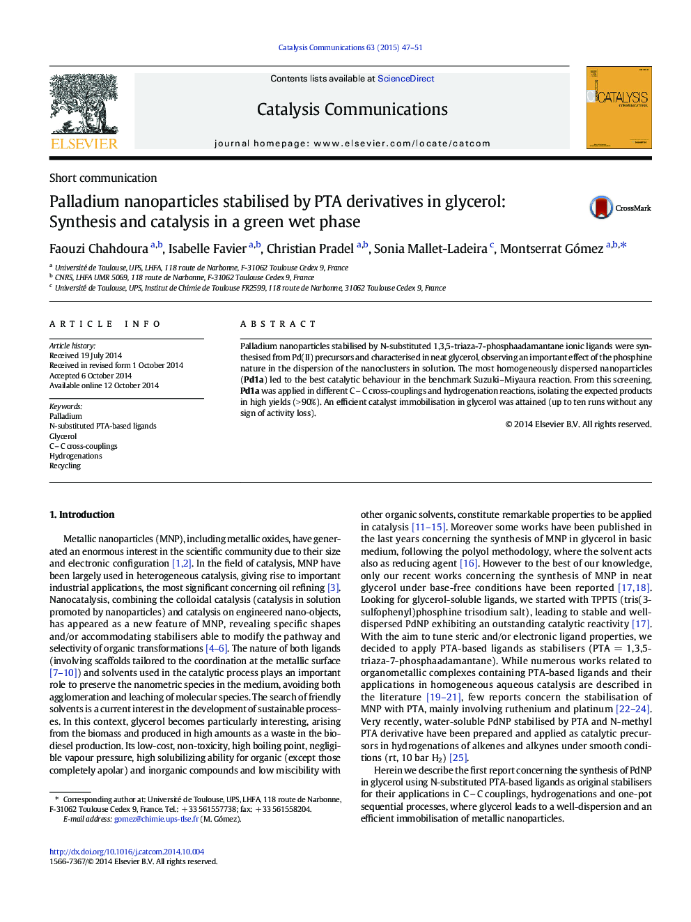 Palladium nanoparticles stabilised by PTA derivatives in glycerol: Synthesis and catalysis in a green wet phase