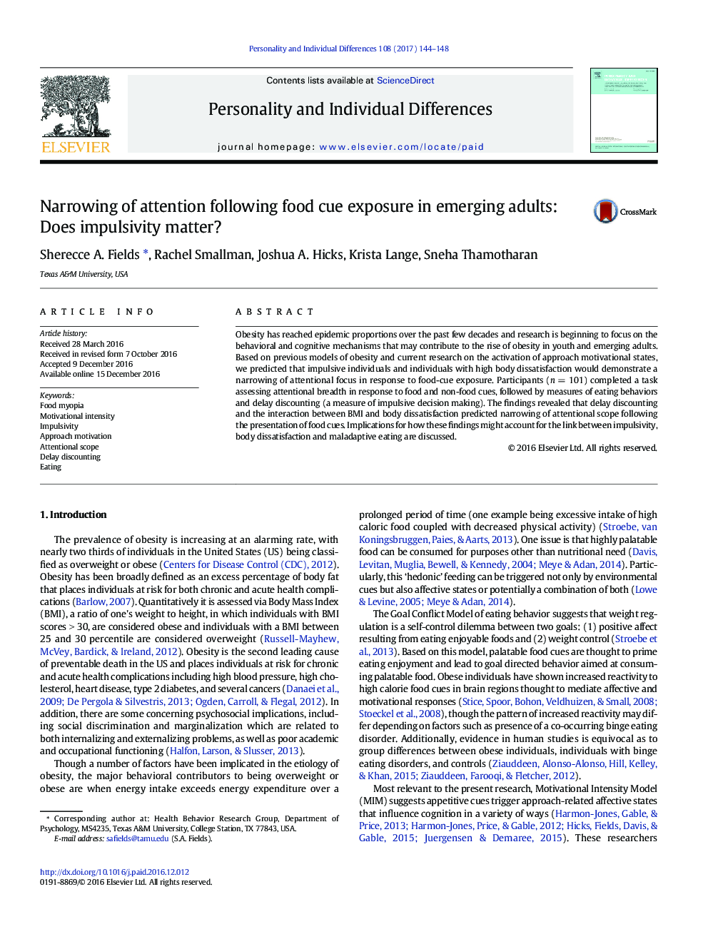 Narrowing of attention following food cue exposure in emerging adults: Does impulsivity matter?