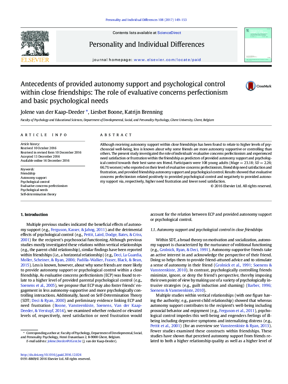 Antecedents of provided autonomy support and psychological control within close friendships: The role of evaluative concerns perfectionism and basic psychological needs