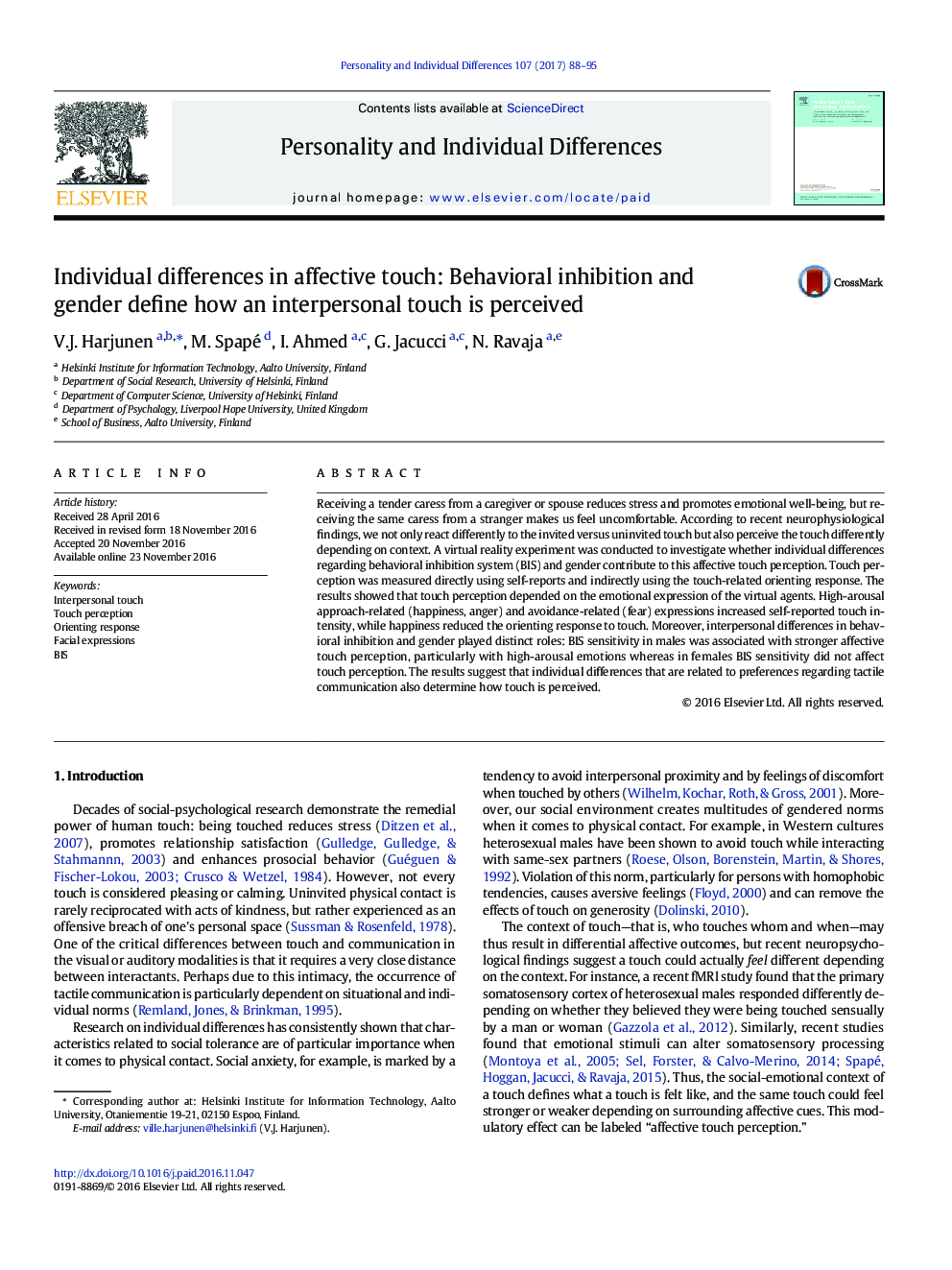 Individual differences in affective touch: Behavioral inhibition and gender define how an interpersonal touch is perceived