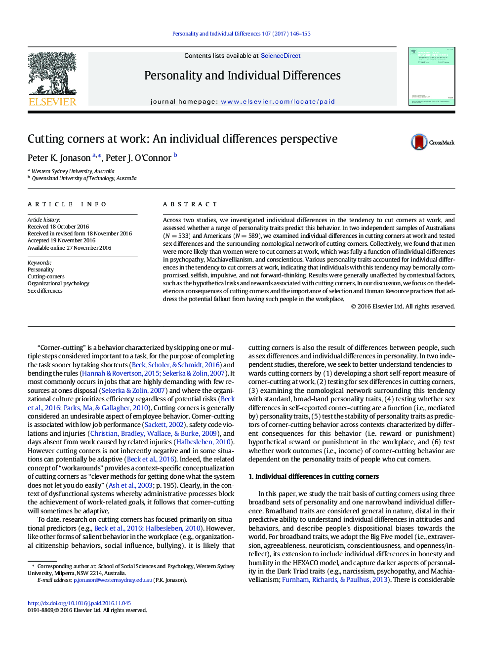 Cutting corners at work: An individual differences perspective