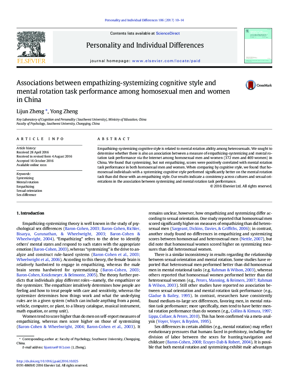 Associations between empathizing-systemizing cognitive style and mental rotation task performance among homosexual men and women in China