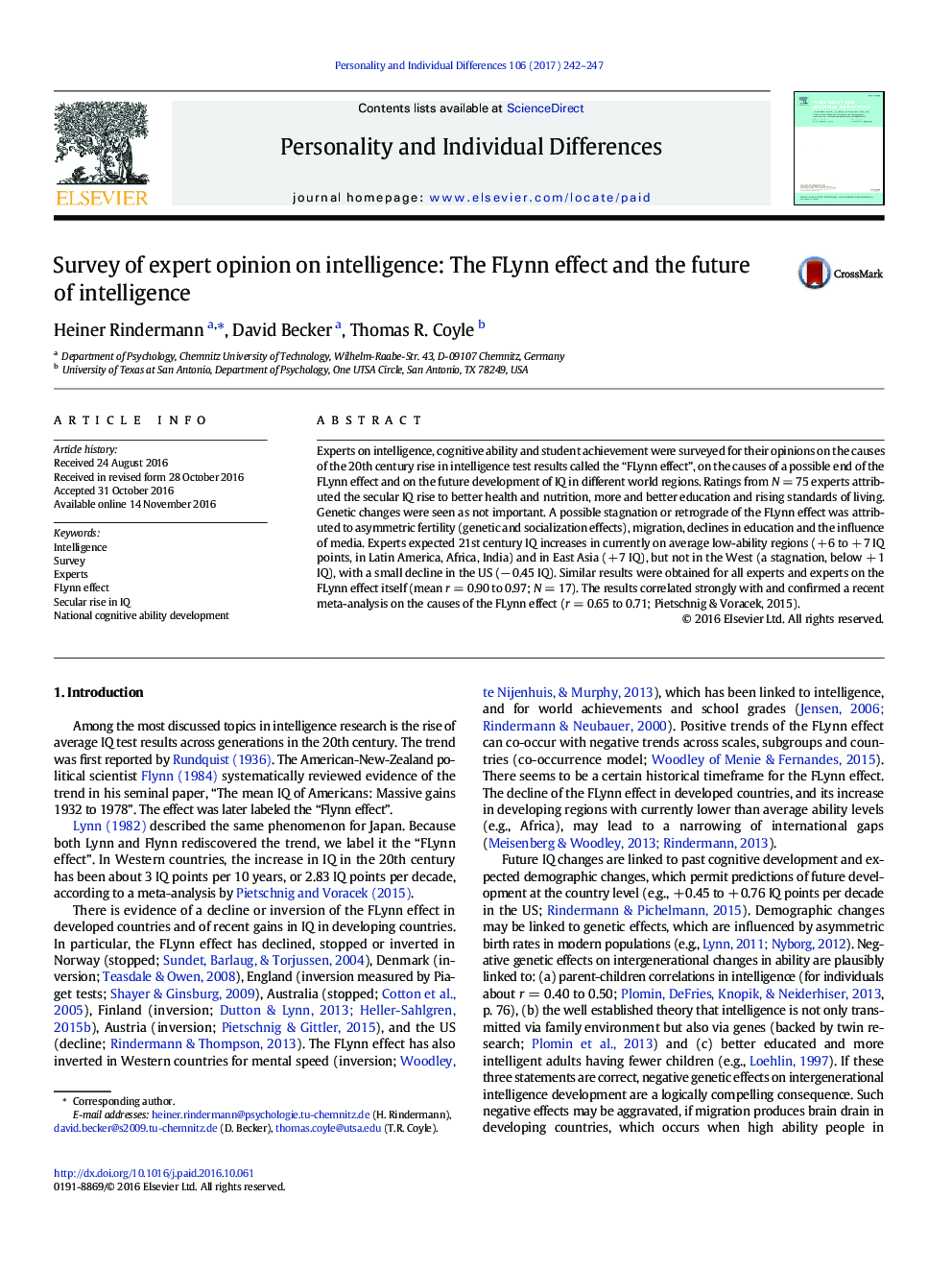 Survey of expert opinion on intelligence: The FLynn effect and the future of intelligence