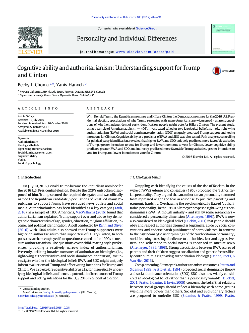 Cognitive ability and authoritarianism: Understanding support for Trump and Clinton