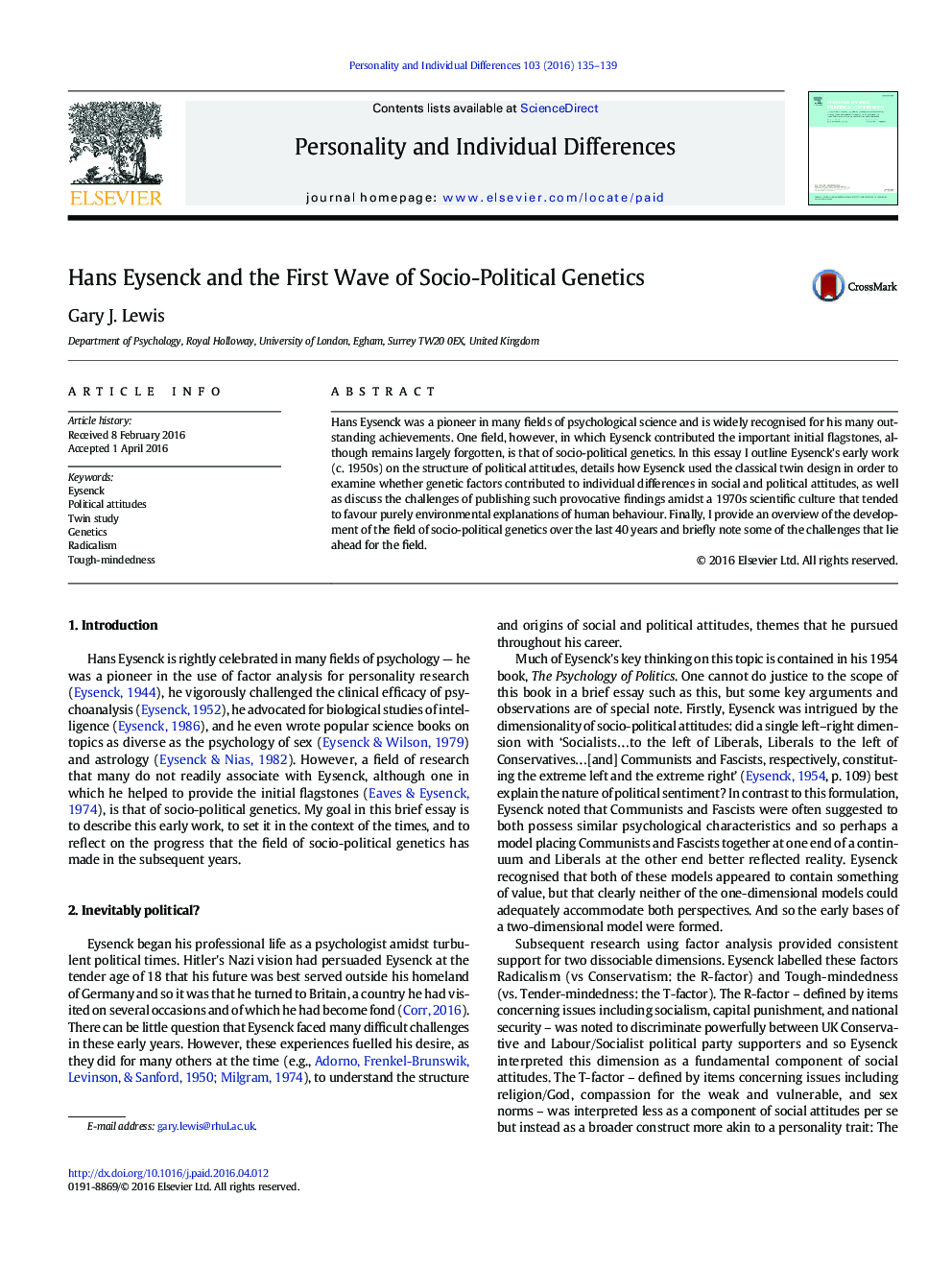 Hans Eysenck and the First Wave of Socio-Political Genetics