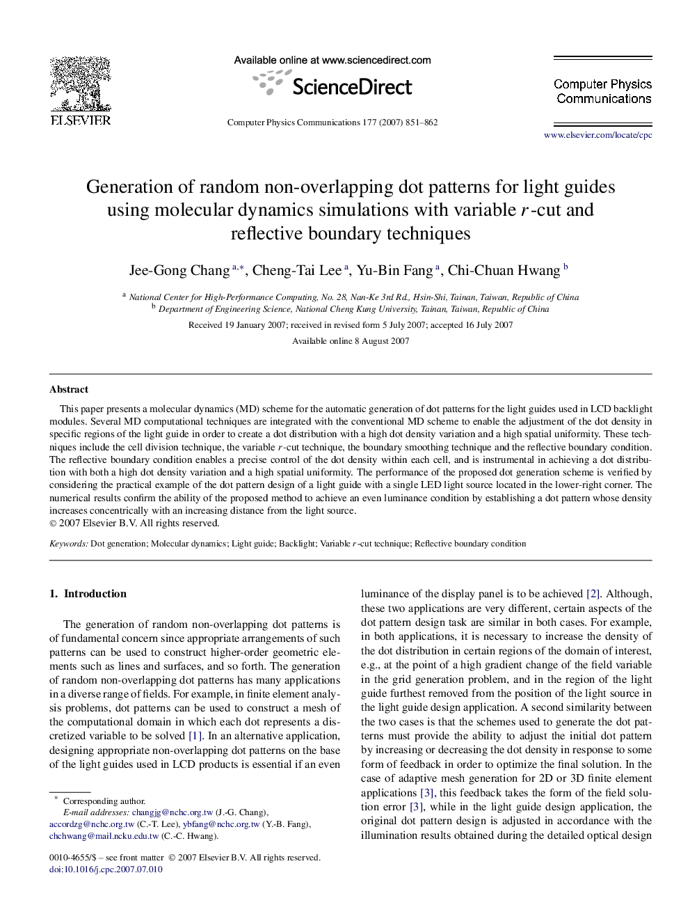 Generation of random non-overlapping dot patterns for light guides using molecular dynamics simulations with variable r-cut and reflective boundary techniques