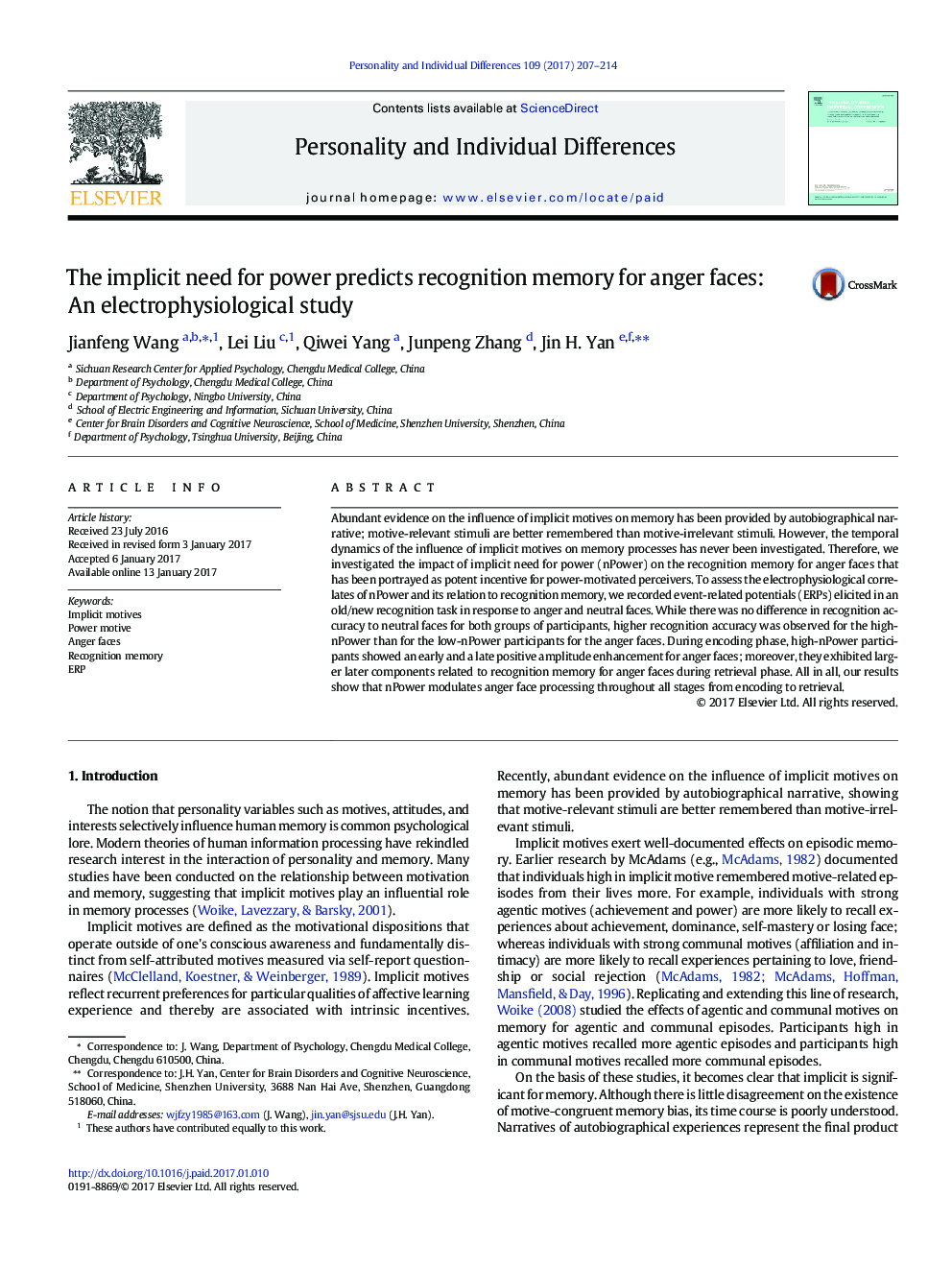 The implicit need for power predicts recognition memory for anger faces: An electrophysiological study