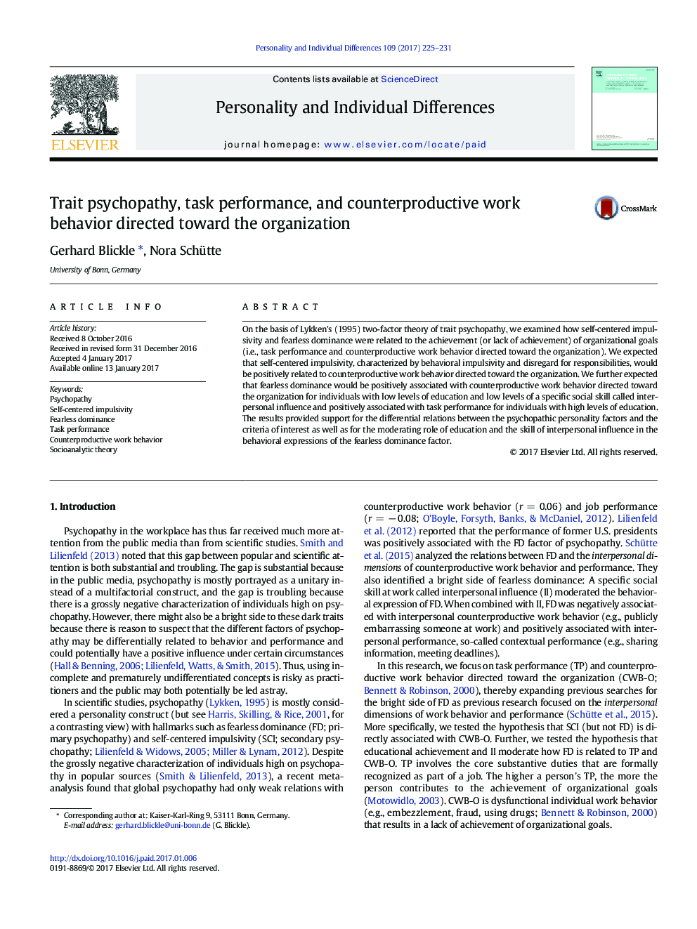 Trait psychopathy, task performance, and counterproductive work behavior directed toward the organization