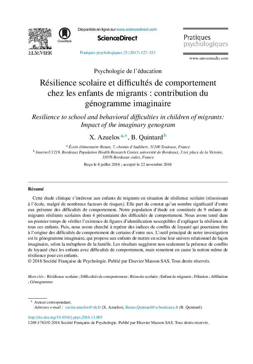 Résilience scolaire et difficultés de comportement chez les enfants de migrantsÂ : contribution du génogramme imaginaire