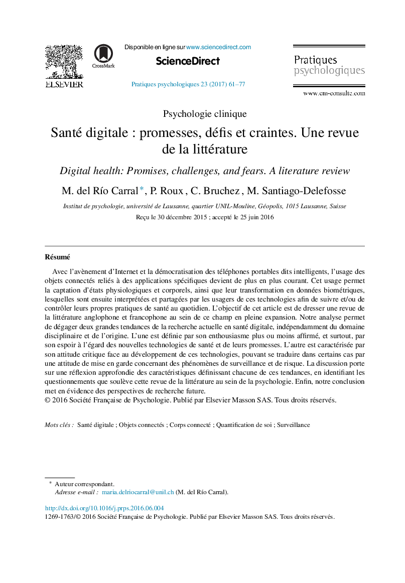 Santé digitaleÂ : promesses, défis et craintes. Une revue de la littérature