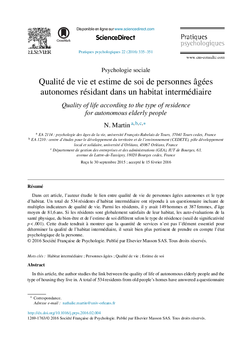 Qualité de vie et estime de soi de personnes Ã¢gées autonomes résidant dans un habitat intermédiaire