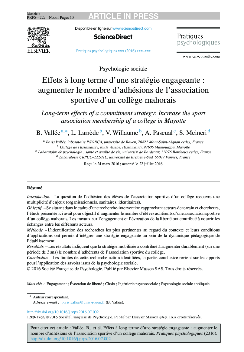 Effets Ã  long terme d'une stratégie engageanteÂ : augmenter le nombre d'adhésions de l'association sportive d'un collÃ¨ge mahorais