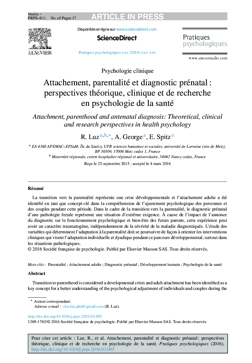 Attachement, parentalité et diagnostic prénatalÂ : perspectives théorique, clinique et de recherche en psychologie de la santé