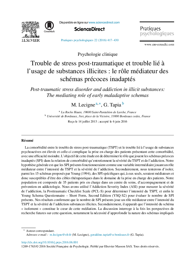 Trouble de stress post-traumatique et trouble lié Ã  l'usage de substances illicitesÂ : le rÃ´le médiateur des schémas précoces inadaptés