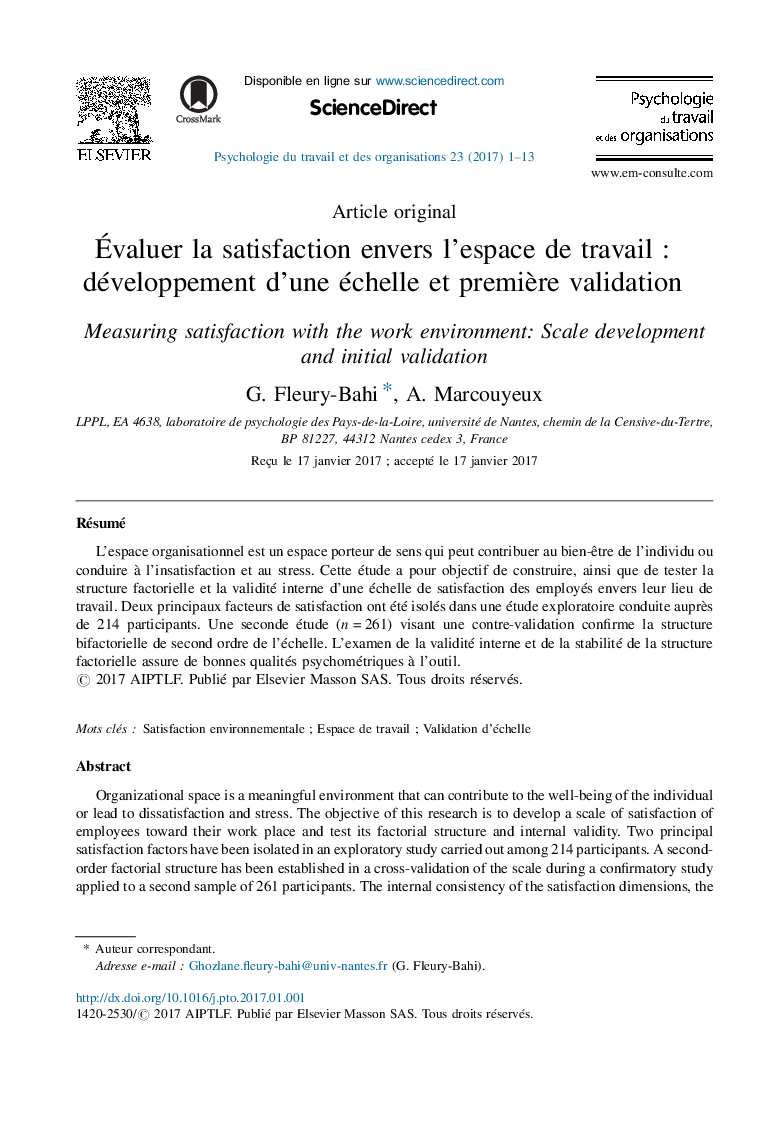 Ãvaluer la satisfaction envers l'espace de travailÂ : développement d'une échelle et premiÃ¨re validation