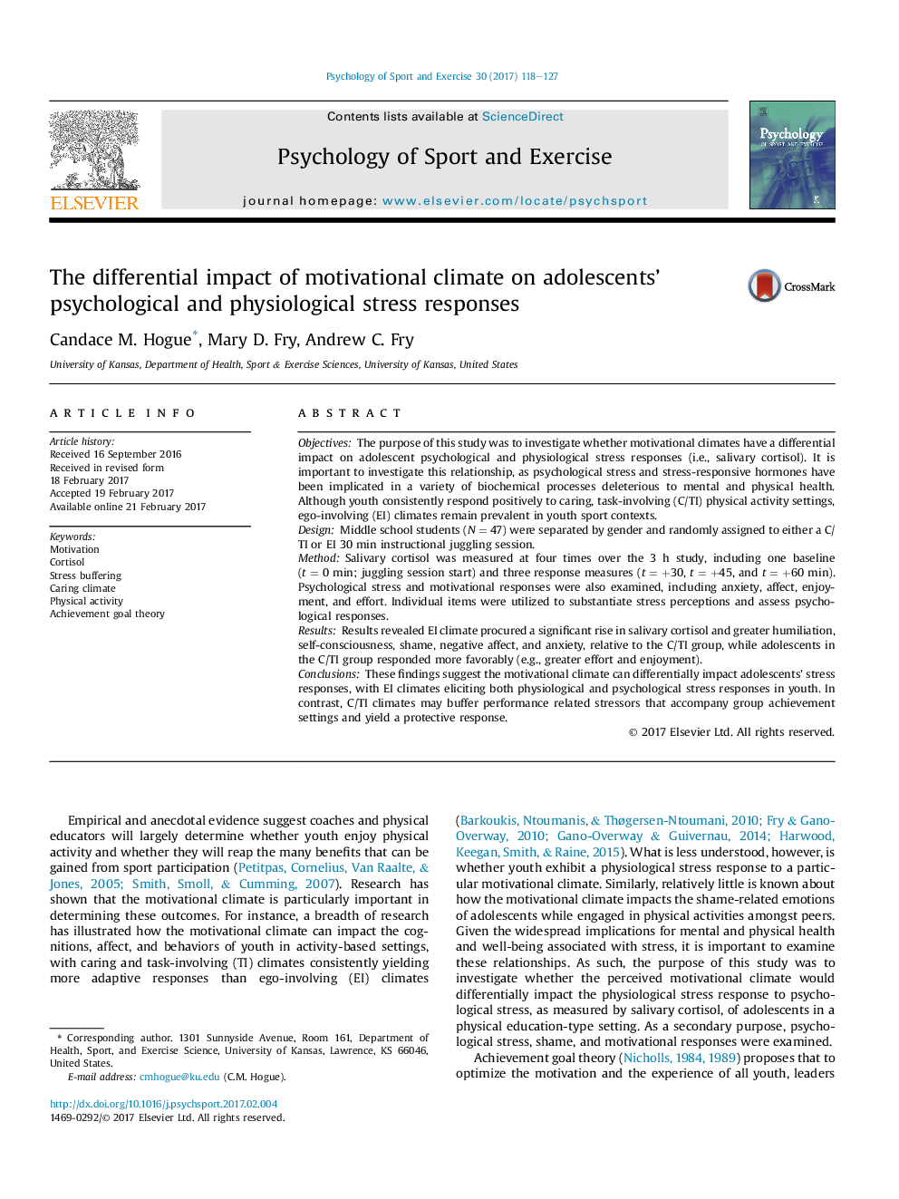 The differential impact of motivational climate on adolescents' psychological and physiological stress responses