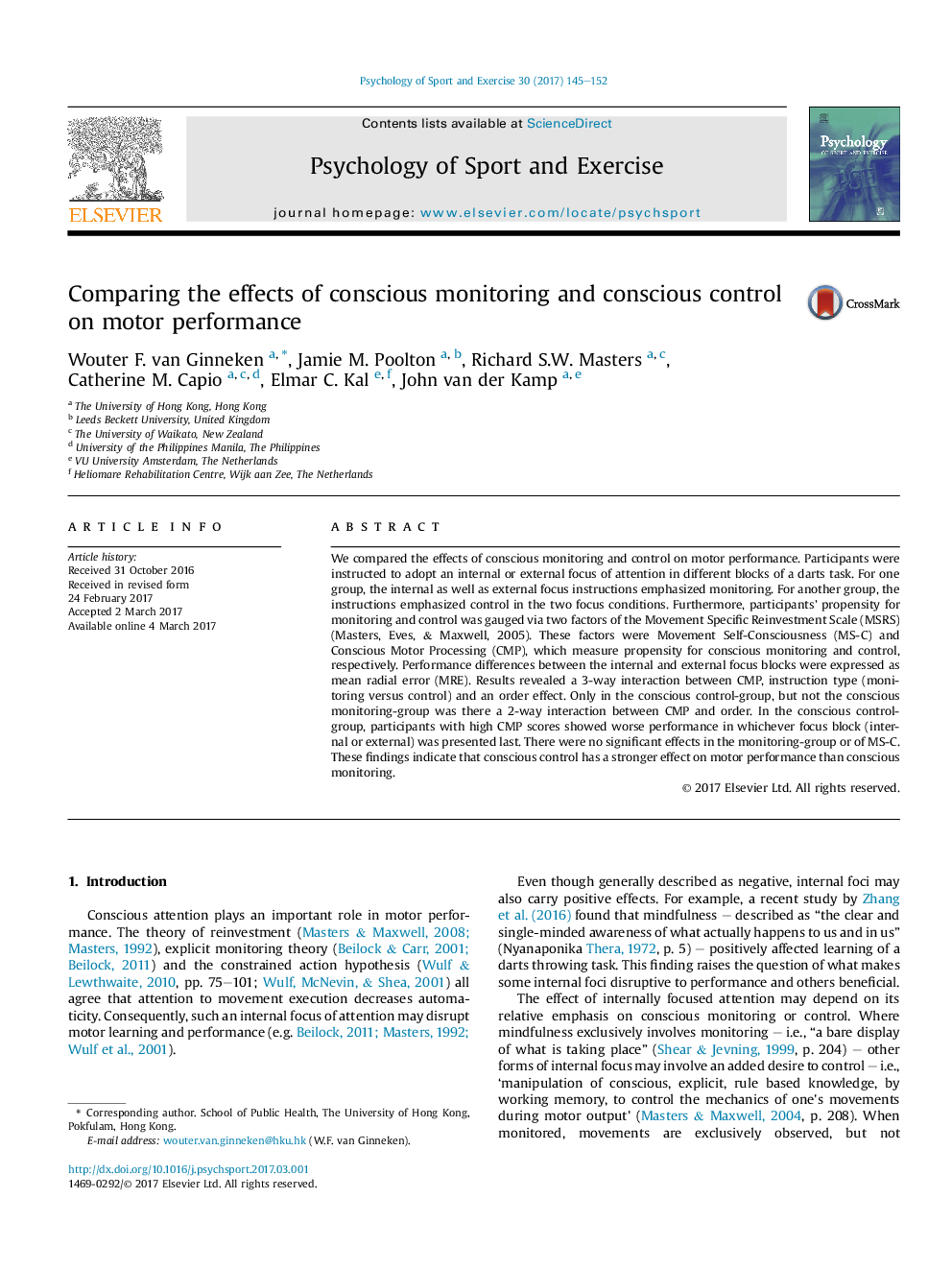 Comparing the effects of conscious monitoring and conscious control on motor performance