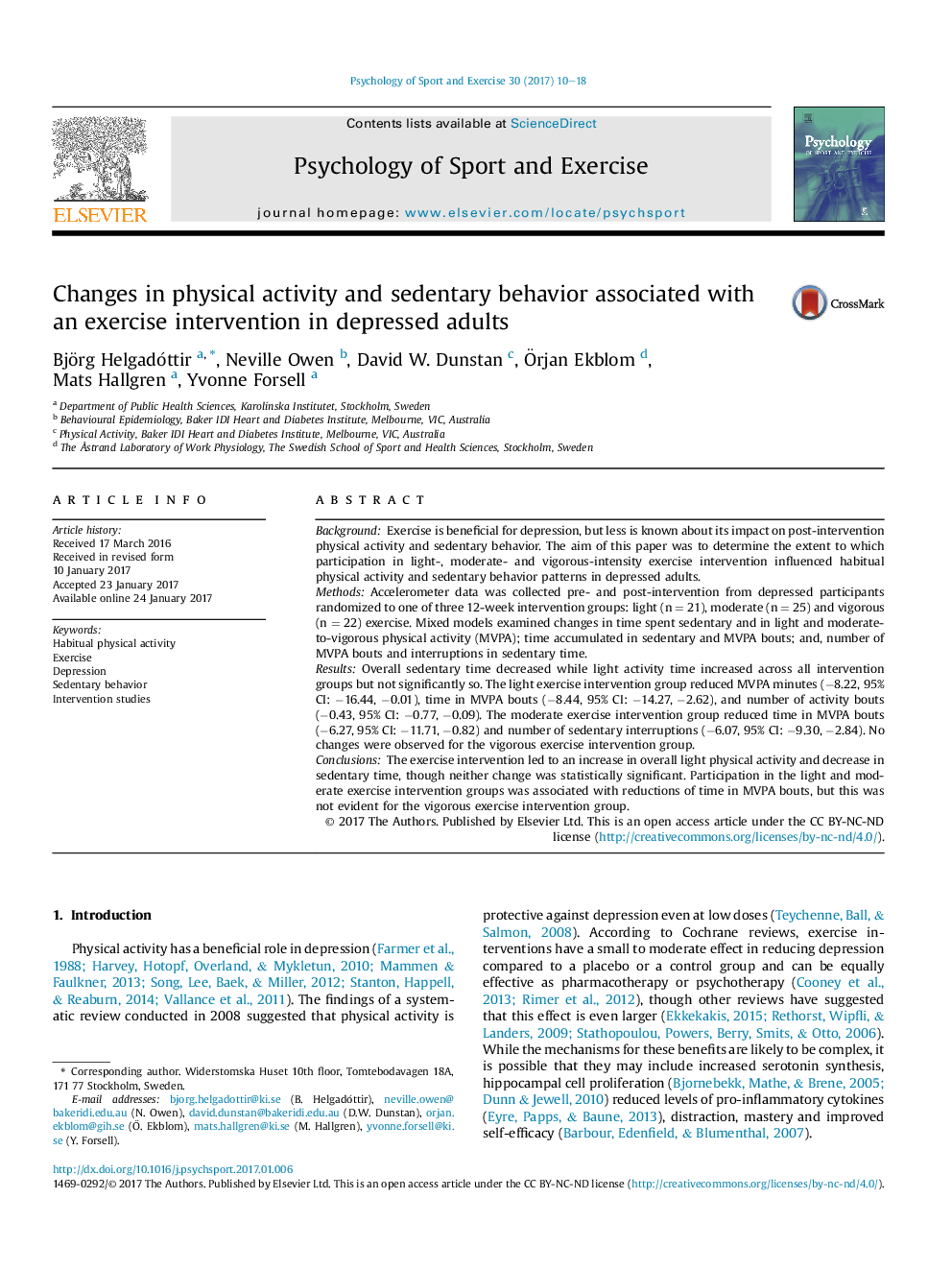 Changes in physical activity and sedentary behavior associated with an exercise intervention in depressed adults