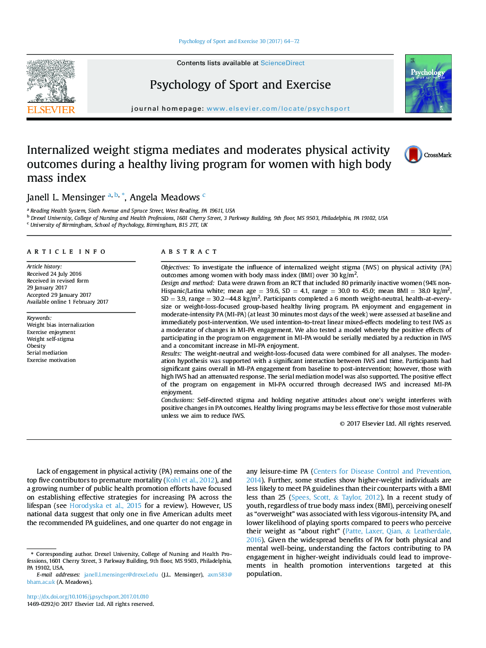 Internalized weight stigma mediates and moderates physical activity outcomes during a healthy living program for women with high body mass index