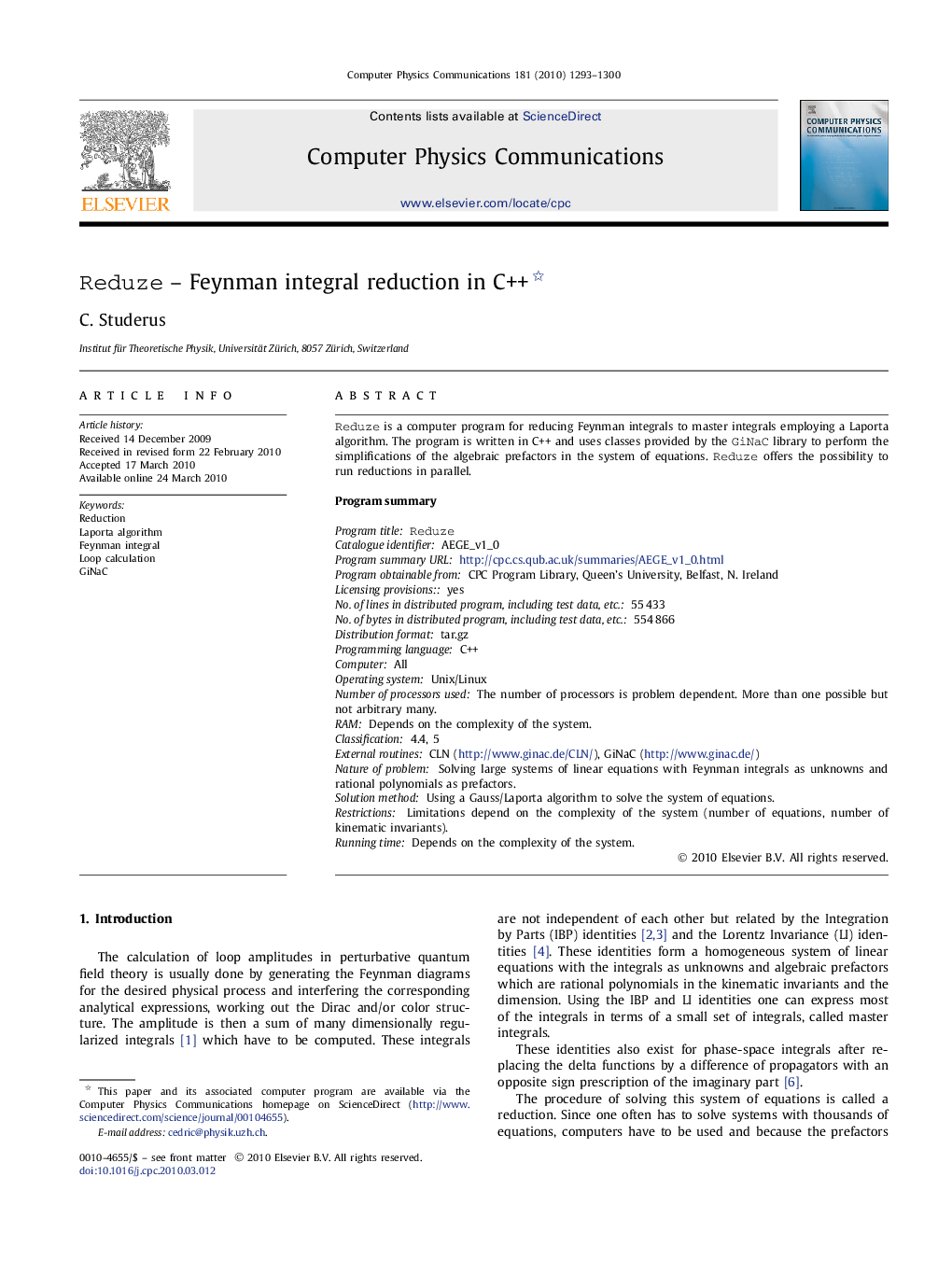 Reduze – Feynman integral reduction in C++ 