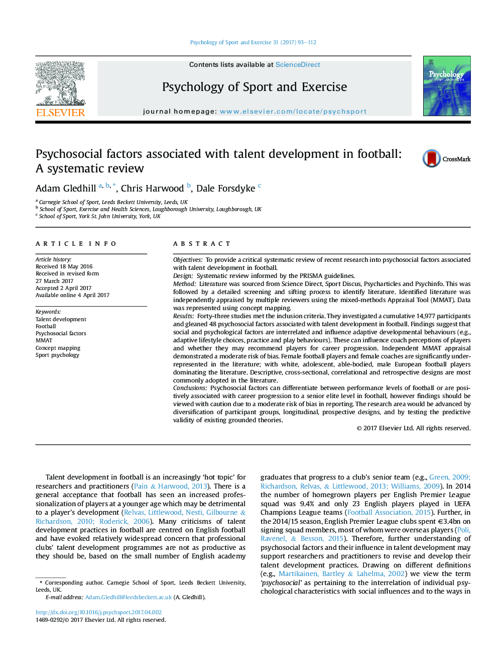 Psychosocial factors associated with talent development in football: AÂ systematic review